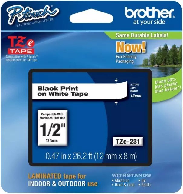 Genuine Brother TZe-231, 1/2" Black on White P-Touch TZ tape