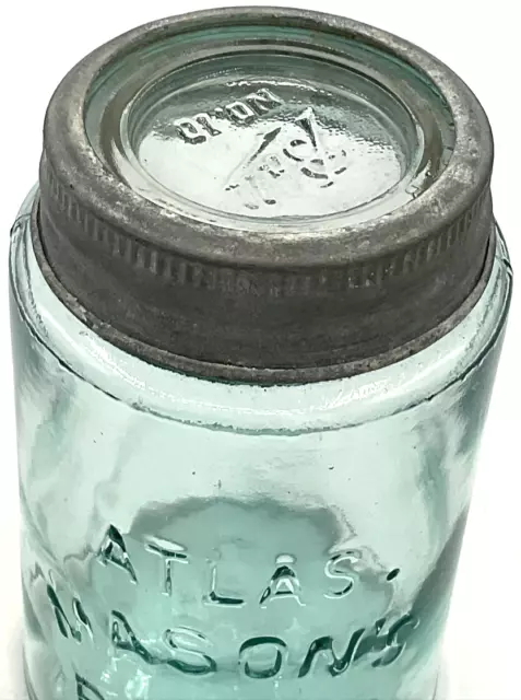 Vintage Aqua Blue Atlas Masons Patent Zinc & Glass Lid Pint Jar Bubbles 2