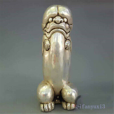 Chinese Tibet Silver Carved Guard Foo Dogs Lion Statues Action Figure Collection