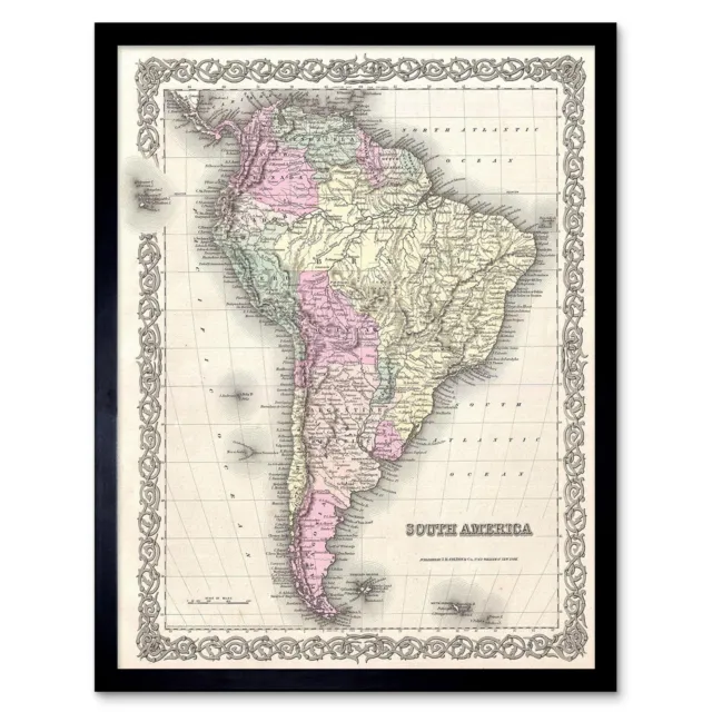 1855 Colton Map South America Vintage 12X16 Inch Framed Art Print