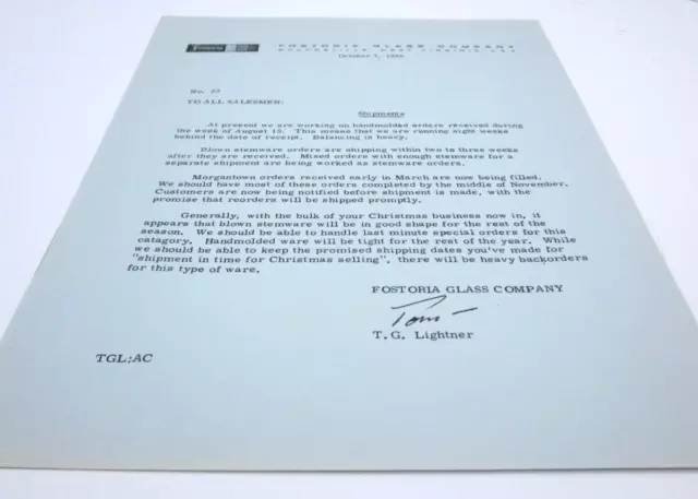 FOSTORIA GLASS 1966 Letter to Salesmen Christmas Orders Backorder MORGANTOWN #23