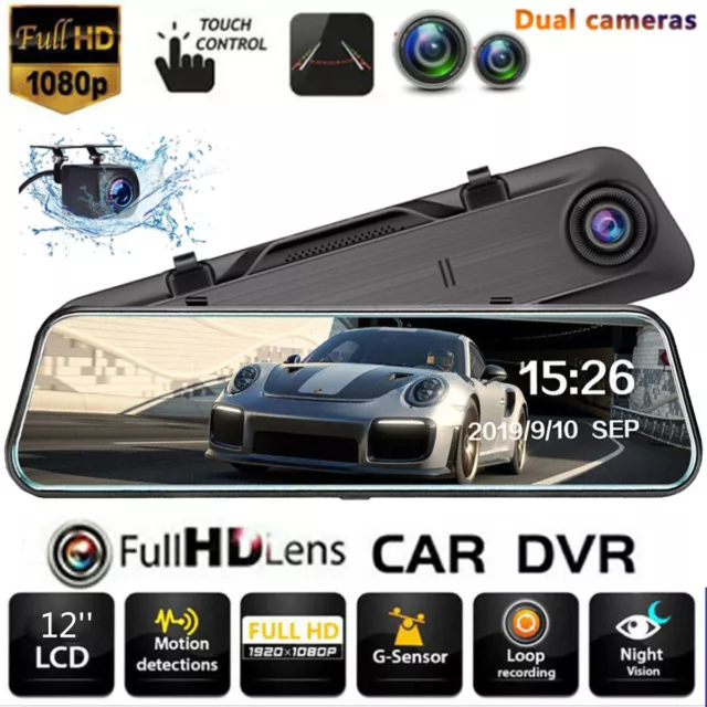 12” Mirror Dash Cam FHD Dual Lens Car DVR Camera Front Rear Video Loop Recorder