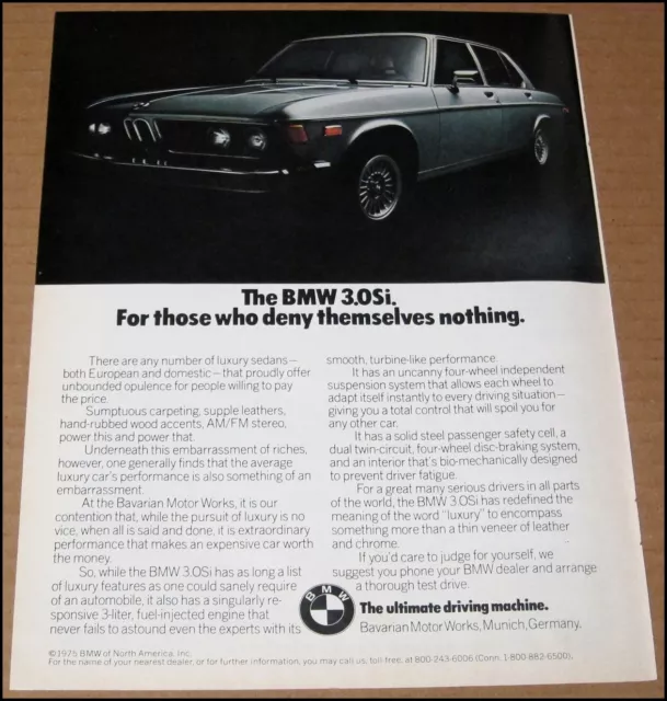 1976 BMW 3.0Si Print Ad 1975 Car Automobile Advertisement Vintage Seagram's 7