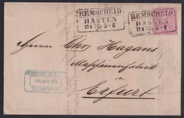 67145) REMSCHEID HASTEN nachverwendeter Stempel 1870 auf Brief nach Erfurt