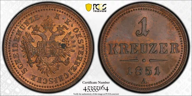 1851 A Austria 1 Kreuzer PCGS MS63 RB Red Brown                             2635