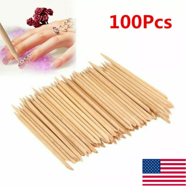 100 Nail Art Orange Wood Sticks Cuticle Pusher Remover Pedicure Manicure Tool 2