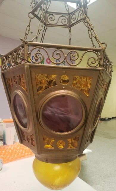 Rare Antique 19Th Century Hexagonal Spanish Revival Wrought Iron Ceiling Lantern