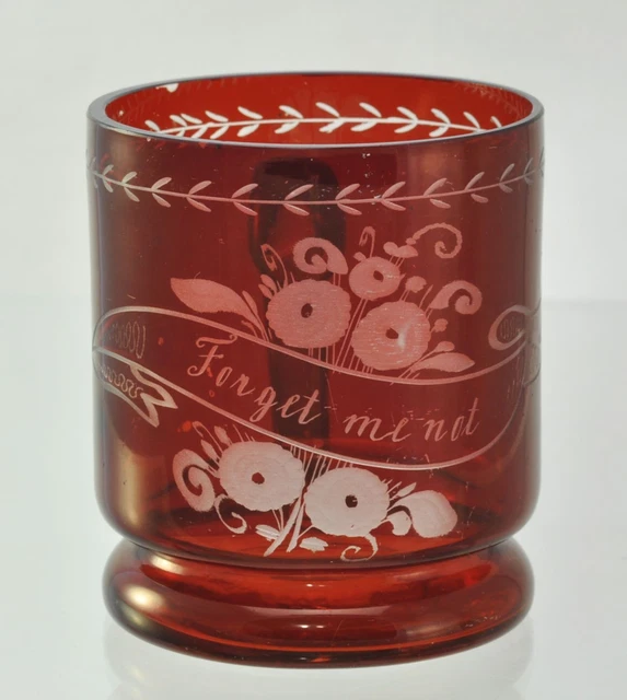 Antique Cut to Clear Forget Me Not Free Blown Ruby Glass Mug 19th Century