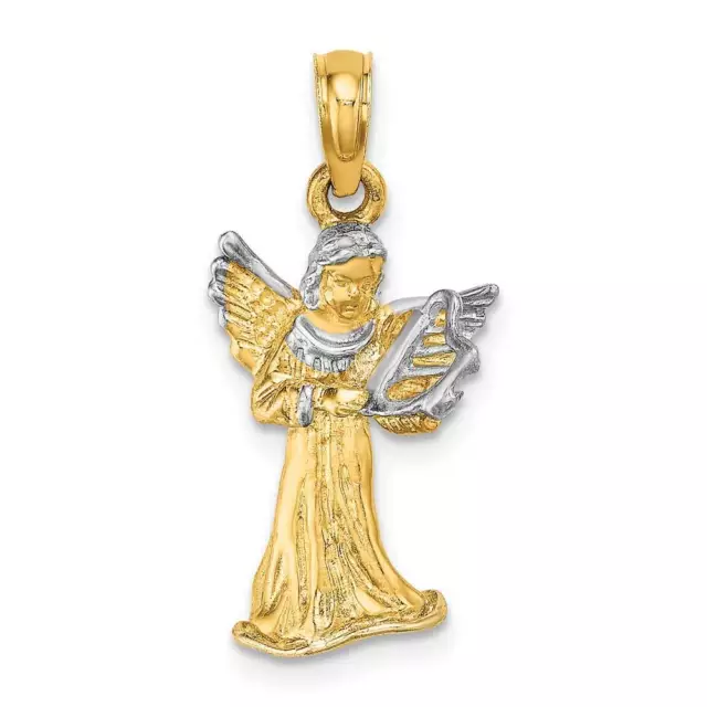 14K Gold with White Rhodium 3D Angel Playing Harp Charm 0.5 x 1 in