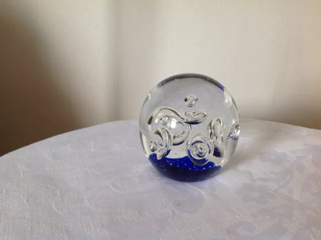 Large Glass Paperweight, Clear with blue base large bubble