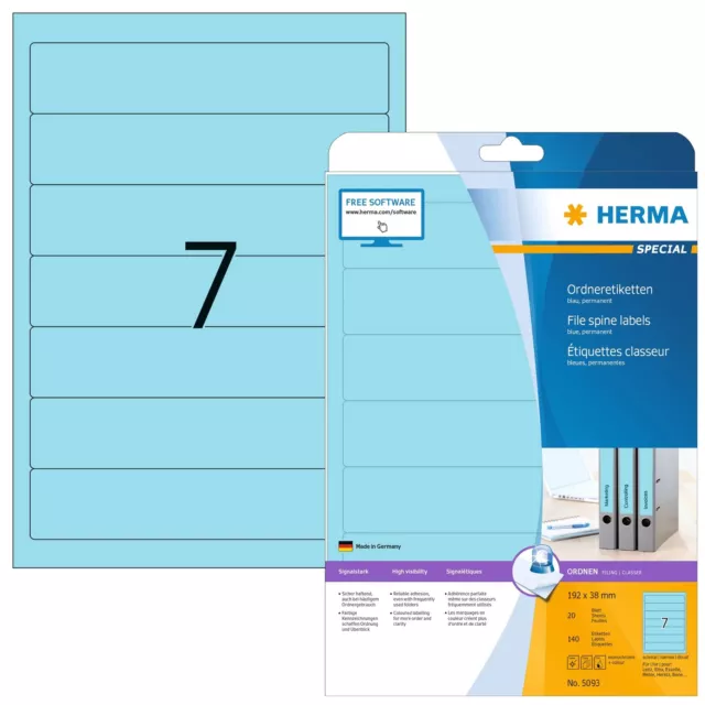 HERMA Self Adhesive Lever Arch File Labels, 7 Labels Per A4 Sheet, 140 Labels Fo