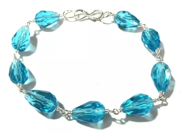 8"Inch Bracelet Blue Topaz Hydro Teardrops 8x12mm Silver Plated Wire Wrapped