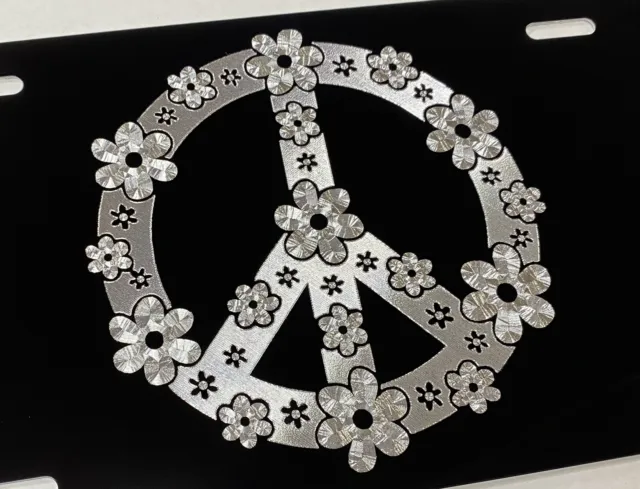 Engraved Flower Peace Sign Diamond Etched License Plate Aluminum Metal Car Tag