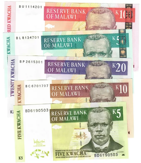 SET Malawi 5, 10, 20, 50 & 100 Kwacha 2004-2011 UNC