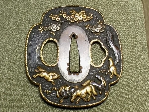 Tsuba Japanese Sword Fittings Japan Antique Cherry Blossoms in a Group of Horses