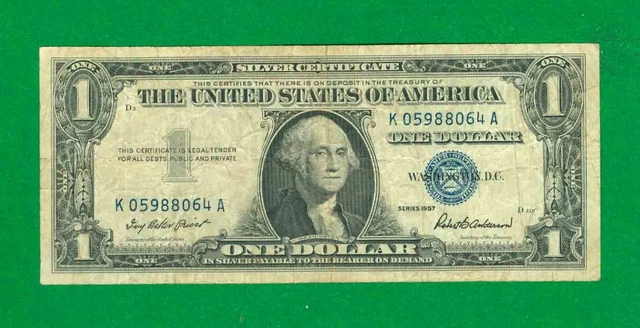 $1 1957 1 K/A Block Blue Seal Silver Certificate Circ.