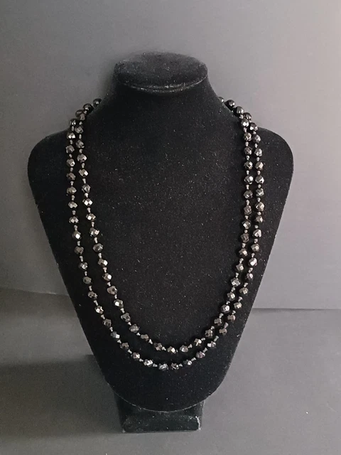 Collier Ancien 3 Rangs De Perles Facettées En Jais Noir - Occasion, Métal Laiton