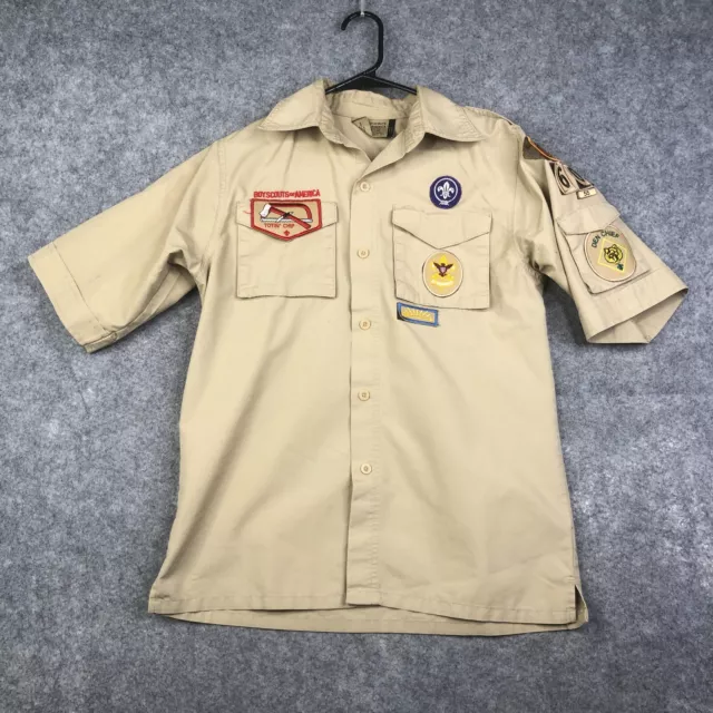 Boy Scouts of America Uniform Shirt Youth L Vented Tan Short Sleeve Patch