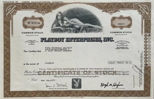 1973 Playboy Ent Stock Certificate Share. Model Willy Rey's  adorned the stock