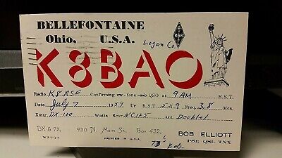 amateur ham radio QSL postcard K8BAO Bob Elliott 1959 Bellefontaine Ohio