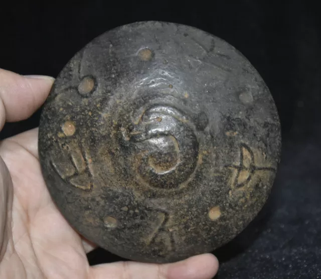 4.2" Rare Chinese Hongshan Culture Black Meteorolite Dragon Hook Words UFO