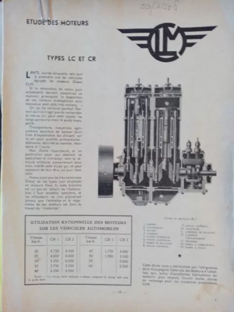 Moteur diesel CLM LC et CR étude technique d'époque 1948