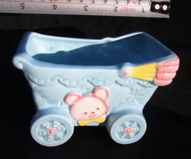Vintage Blue Bear Elephant BABY CARRIAGE BUGGY PLANTER by Nancy Pew 8123 Japan