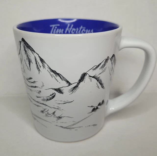 Tim Hortons Coffee Mug Cup Blue and White Ski, Snow, Forest, Mountains 2018
