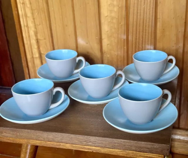 Poole Pottery Twin tone Blue & Grey Demitasse set of 5 cups & saucers 1960 UK