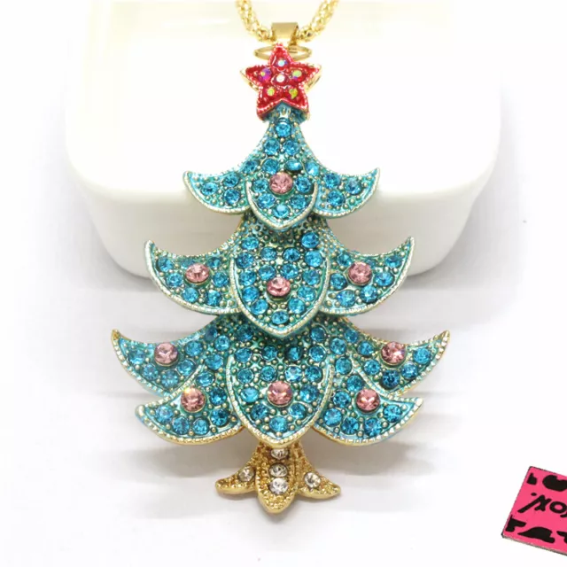 Fashion Women Blue Star Bling Christmas Tree Crystal Pendant Sweater Necklace