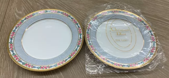 2 Salad Plates Plate Christian Dior Rose Floral Bands Gray Lines NEW Gold Rim