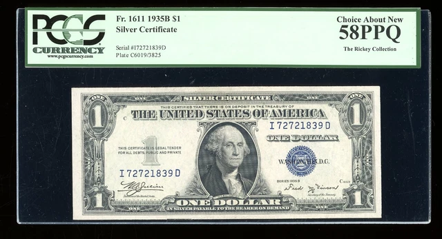 $1 1935-B Silver Vinson ID Block Fr. 1611 PCGS 58 PPQ Serial I72721839D