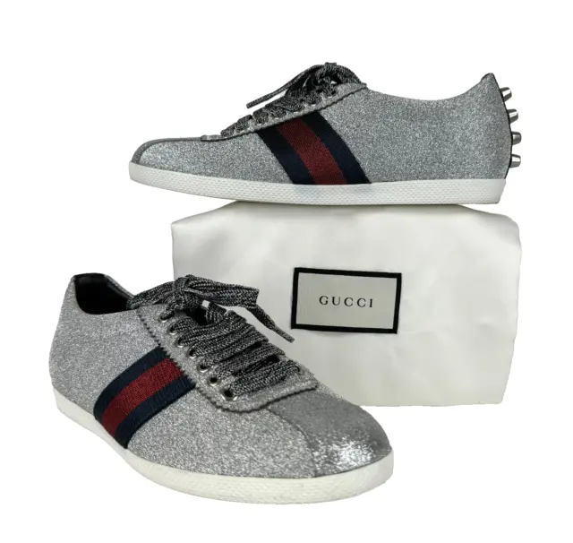 Gucci Auth Women 6.5 US 36.5 EU Silver Glitter Red Blue Web Sneakers Shoes