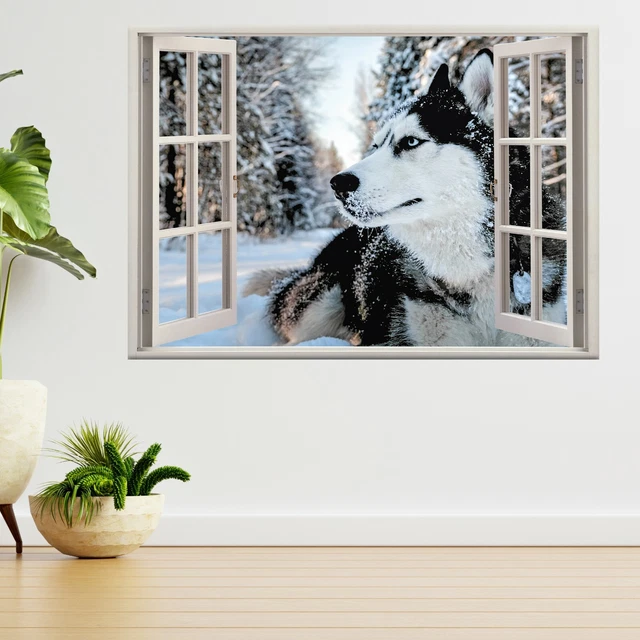 Husky Dog in Snow 3d Window View Wall Sticker Poster Decal A77