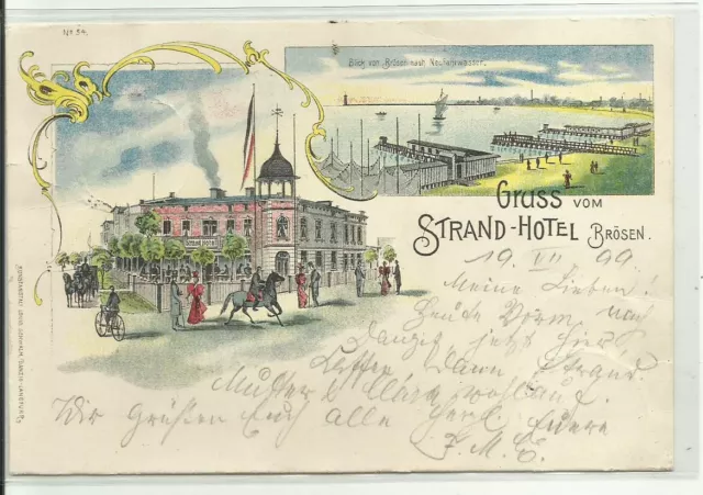 Litho AK Broesen Brzezno b Danzig Strand Hotel Neufahrwasser 1899
