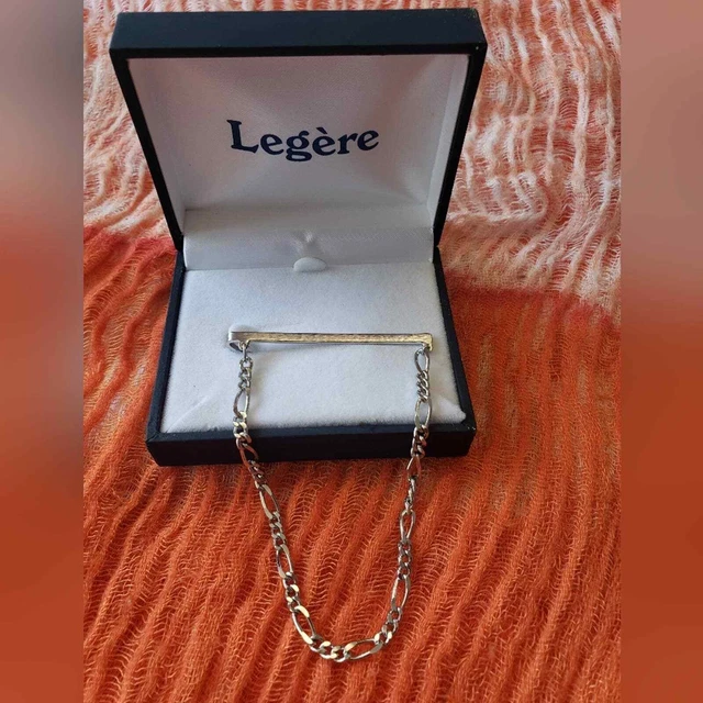 New vintage old stock Legere silver bar w/chain tie clip