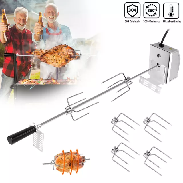 BBQ Drehspieß Grillspieß für Gasgrill mit Motor Edelstahl 117cm 4 Fleischnadel