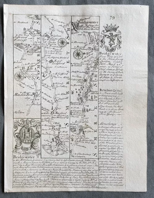 1720 Emmanuel Bowen Antique British Road Map - Bruton, Somerset to Exeter, Devon