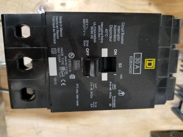 Square D EDB34030 Circuit Breaker 30 Amp  3 Pole 277/480 VOLT 3 PHASE