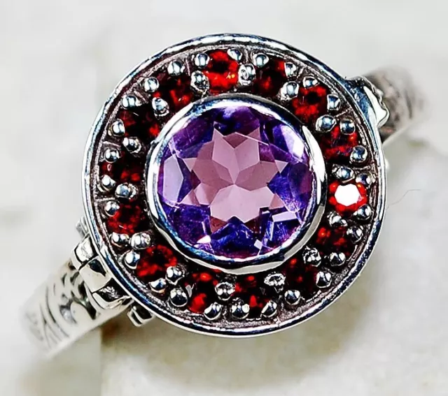 Poison 3CT Natural Amethyst & Garnet 925 Sterling Silver Ring Sz 7 FB2-1