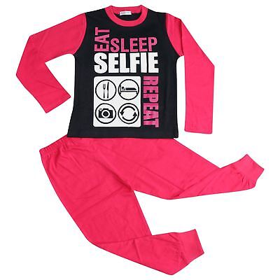 Kids Girls Pajamas Designer Eat Sleep Selfie Repeat Pink Lounge Wear PJS 2-13 Yr