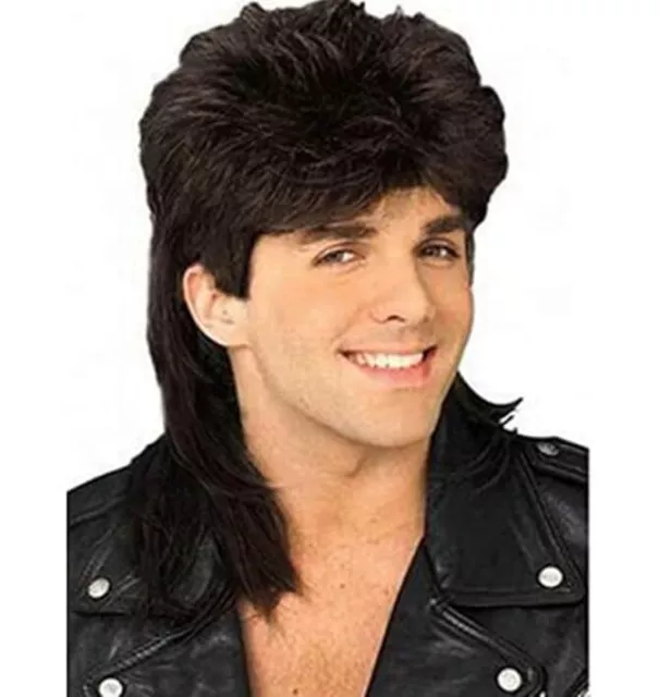 Mens Mullet Wig Black Retro 70s 80s Disco Rocker Curly Punk Fancy Party Hallo...