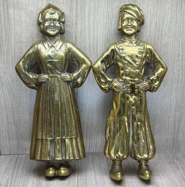 VTG Sheffield Solid Brass Dutch Boy and Girl Cast Iron Pair Andirons Gold