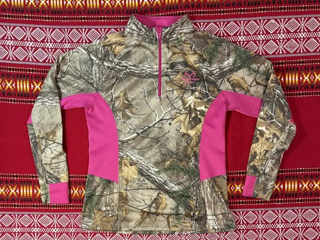 Realtree Camo Xtra Shirt Womens Large L 42-44 Pink 1/4 Zip Pullover Pocket