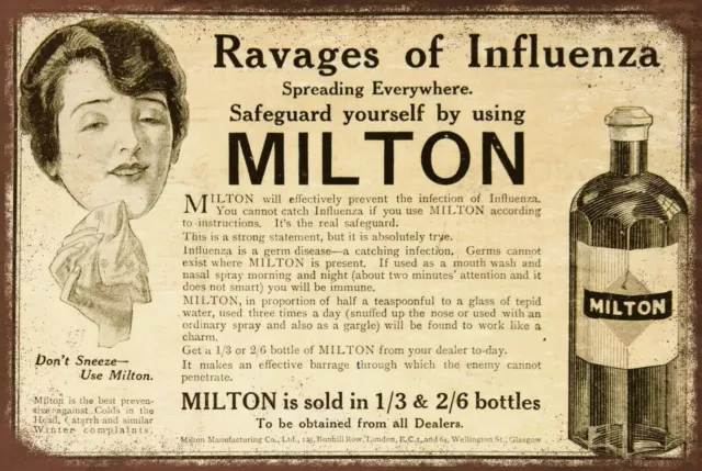Milton Vintage Flu Medicine Aged Look Advert Retro Style Metal Sign, medical