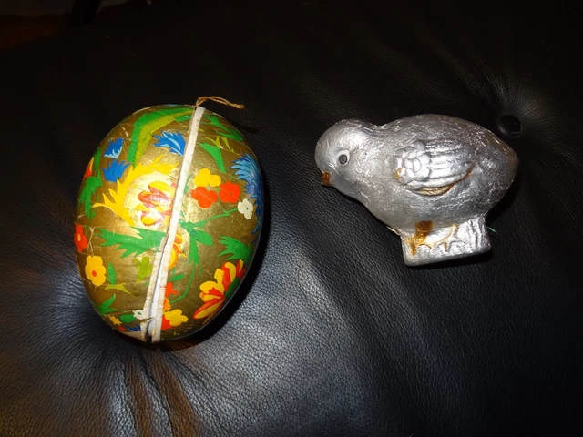 Küken aus Pappe 11 cm und altes Osterei 13 cm, Candy Container, sehr gut, alt