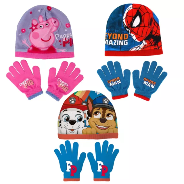 Mädchen Jungen Peppa Pig Paw Patrol Spiderman Beanie Mütze & Handschuhe Set Alter 2-6 Jahre