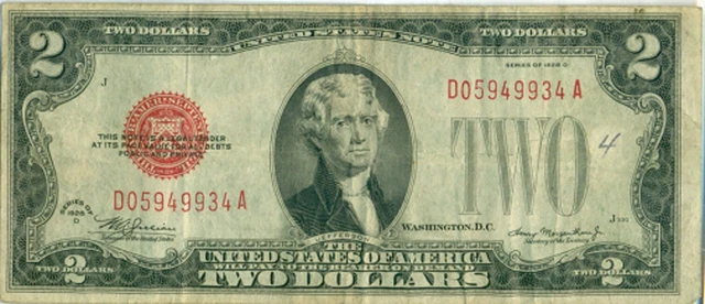 $2 1928 D Two Dollar Red Seal Circulated Crisp Note U.S Legal Tender Note No. 2