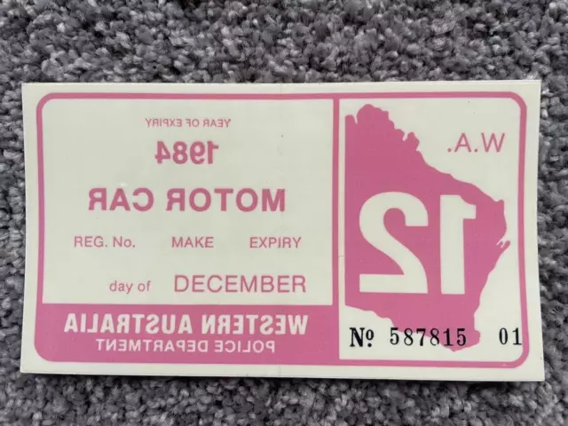 Original & Vintage ~ WA Registration Label ~ Unused ~ December 1984 ~ Motor Car