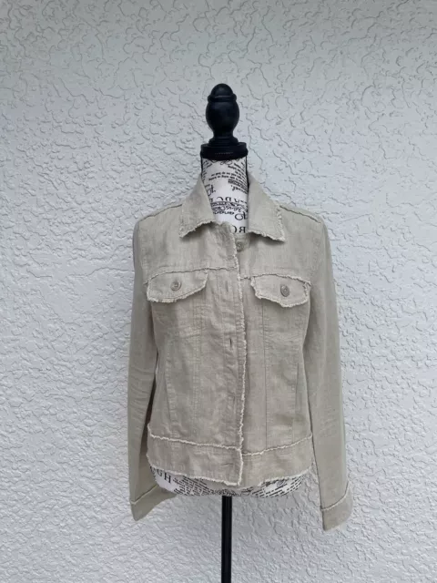 Tommy Bahama Two Palms Raw Edge Linen Jacket Womens Size XSBeige Jean Jacket VGC